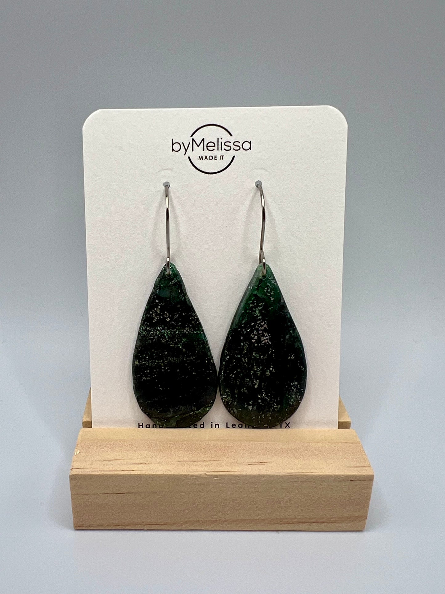 Forest Green and Black Small Teardrop Drop Earrings in Silver