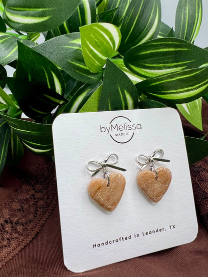 Mocha and Almond Heart Bowknot Earrings in Silver