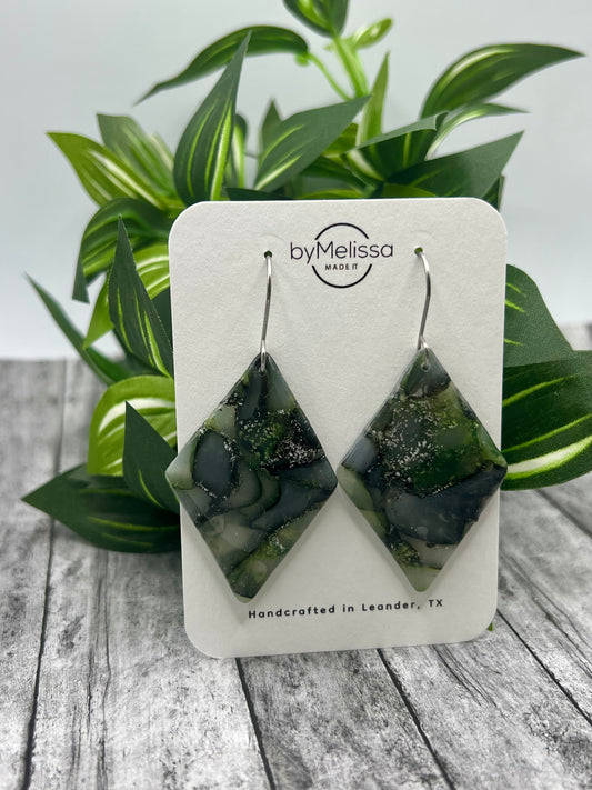 Army Green and Black Large Diamond Drop Earrings in Silver