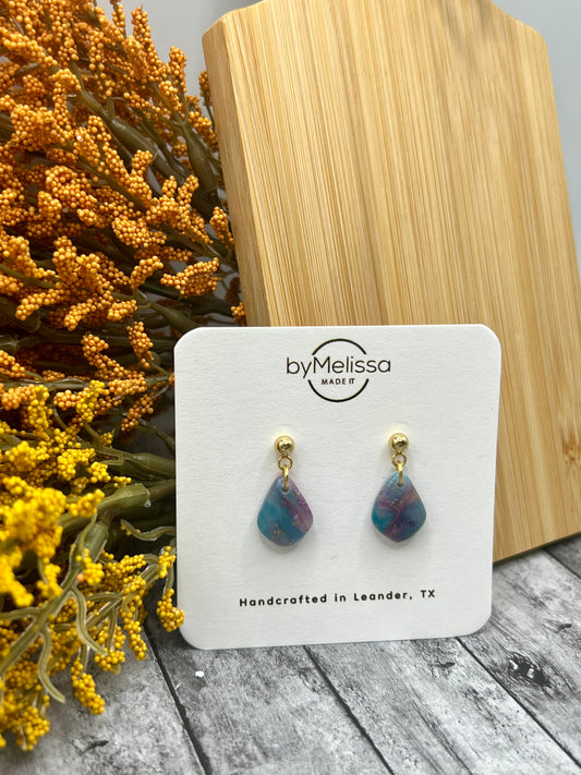 Teal and Plum Mini Kite Gold Ball Stud Earrings