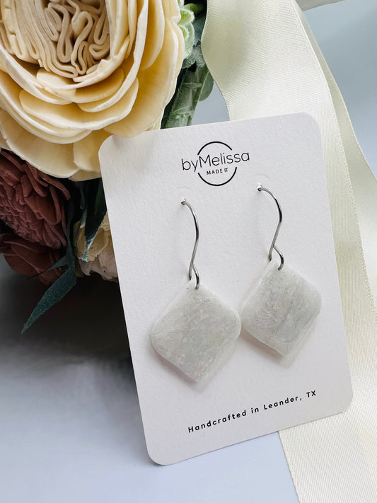 White and Silver Rounded Square Drop Earrings