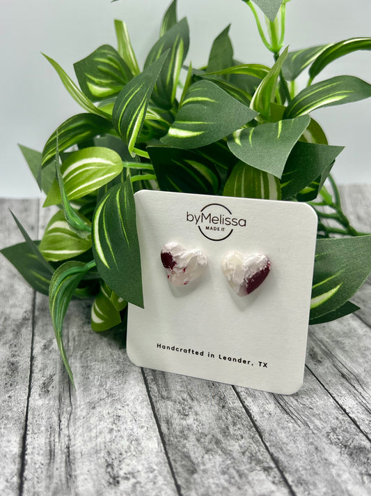 Maroon and White Heart Stud Earrings