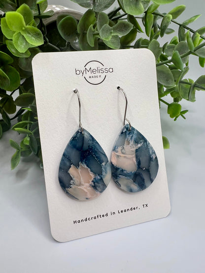 Navy and Light Pink Small Wide Teardrop Drop Earrings in Silver