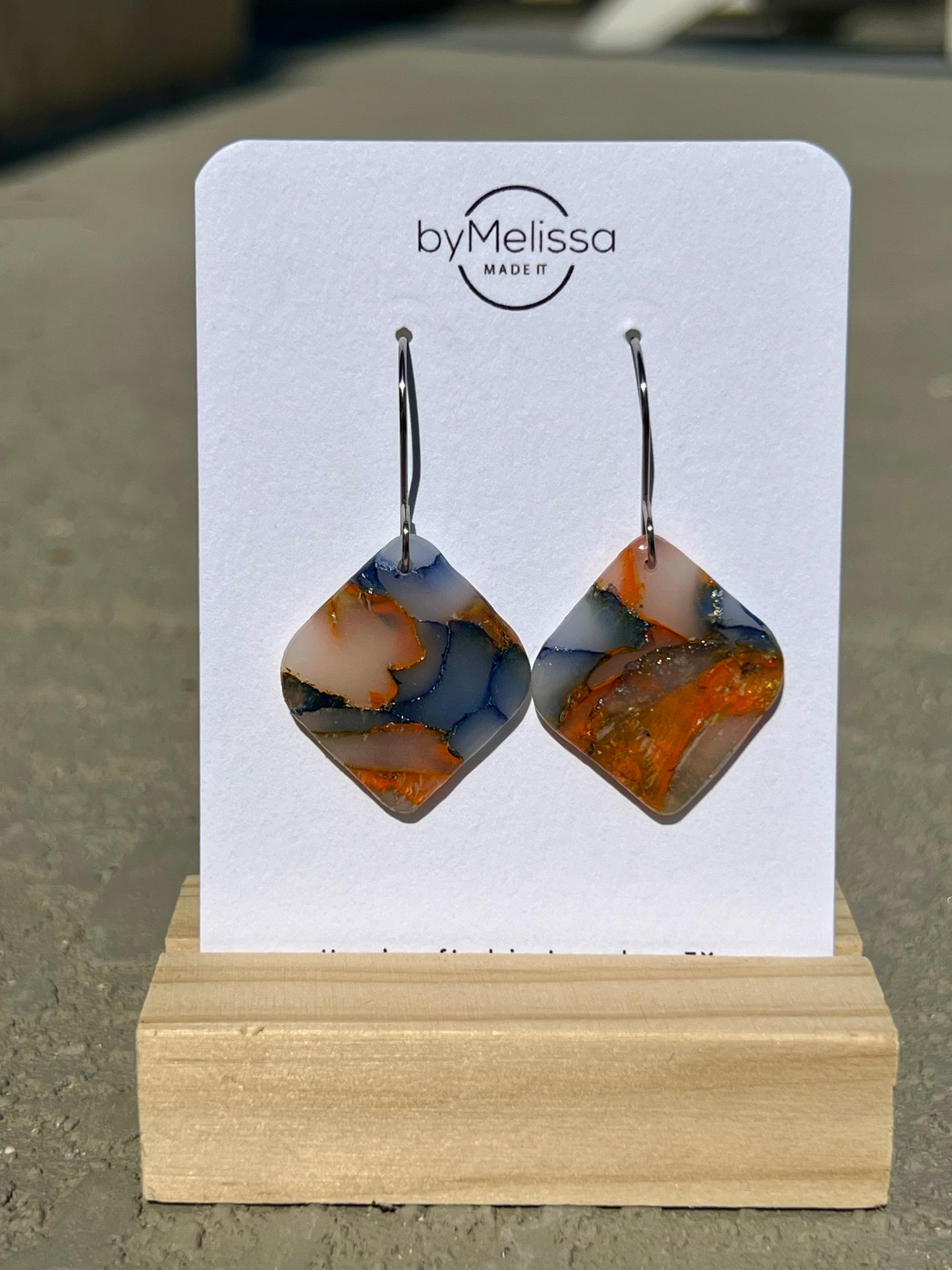 Navy and Orange Small Rounded Square Drop Earrings in Silver