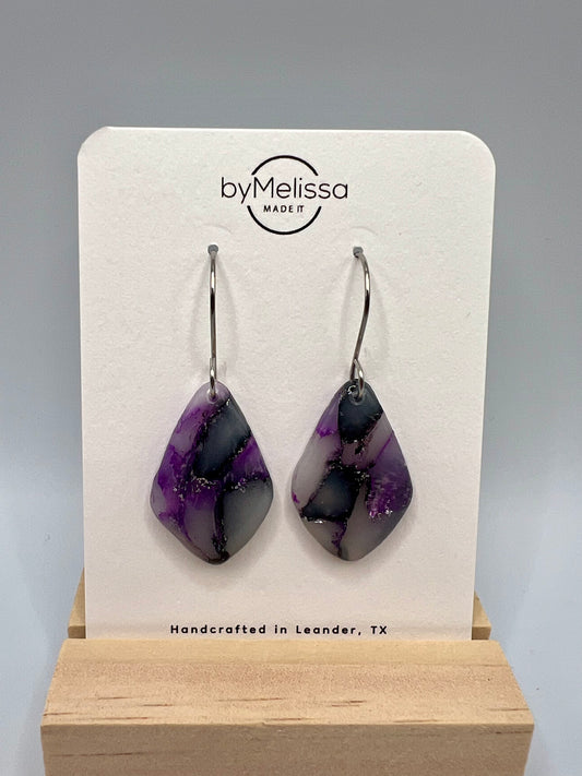 Purple and Black Small Kite Drop Earrings in Silver