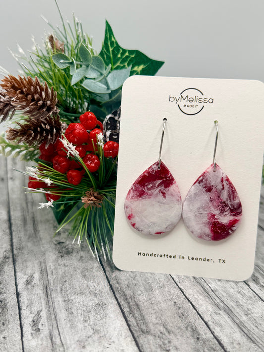Red and White Small Wide Teardrop Drop Earrings in Silver