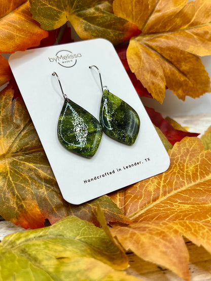 Citrus Green and Black Small Wide Leaf Drop Earrings in Silver
