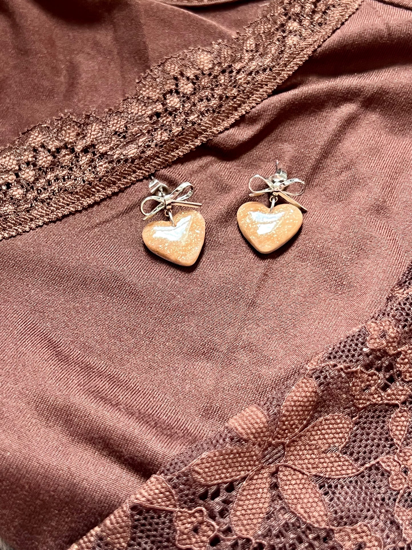 Mocha and Almond Heart Bowknot Earrings in Silver
