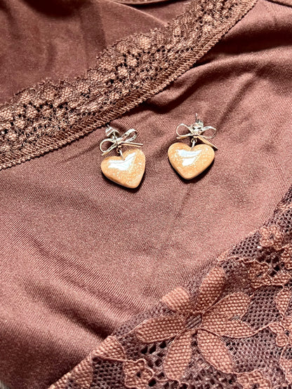 Mocha and Almond Heart Bowknot Earrings in Silver