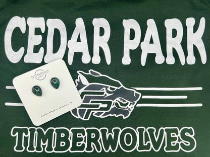 Cedar Park High School earrings, green and black CPHS spirit jewelry, Timberwolves game day accessory