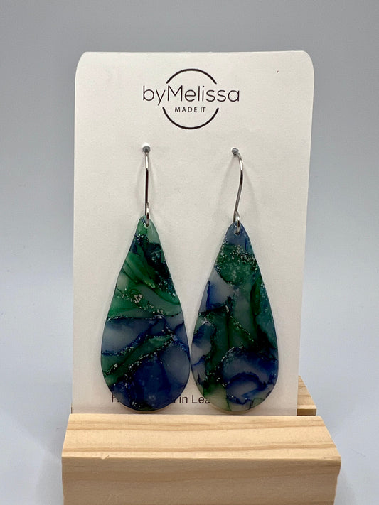 Forest Green and Blue Large Teardrop Drop Earrings in Silver