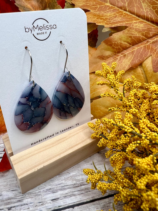 Navy and Maroon Small Wide Teardrop Drop Earrings in Silver