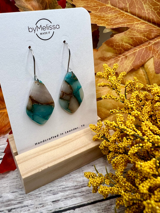 Mocha and Teal Small Kite Drop Earrings in Silver