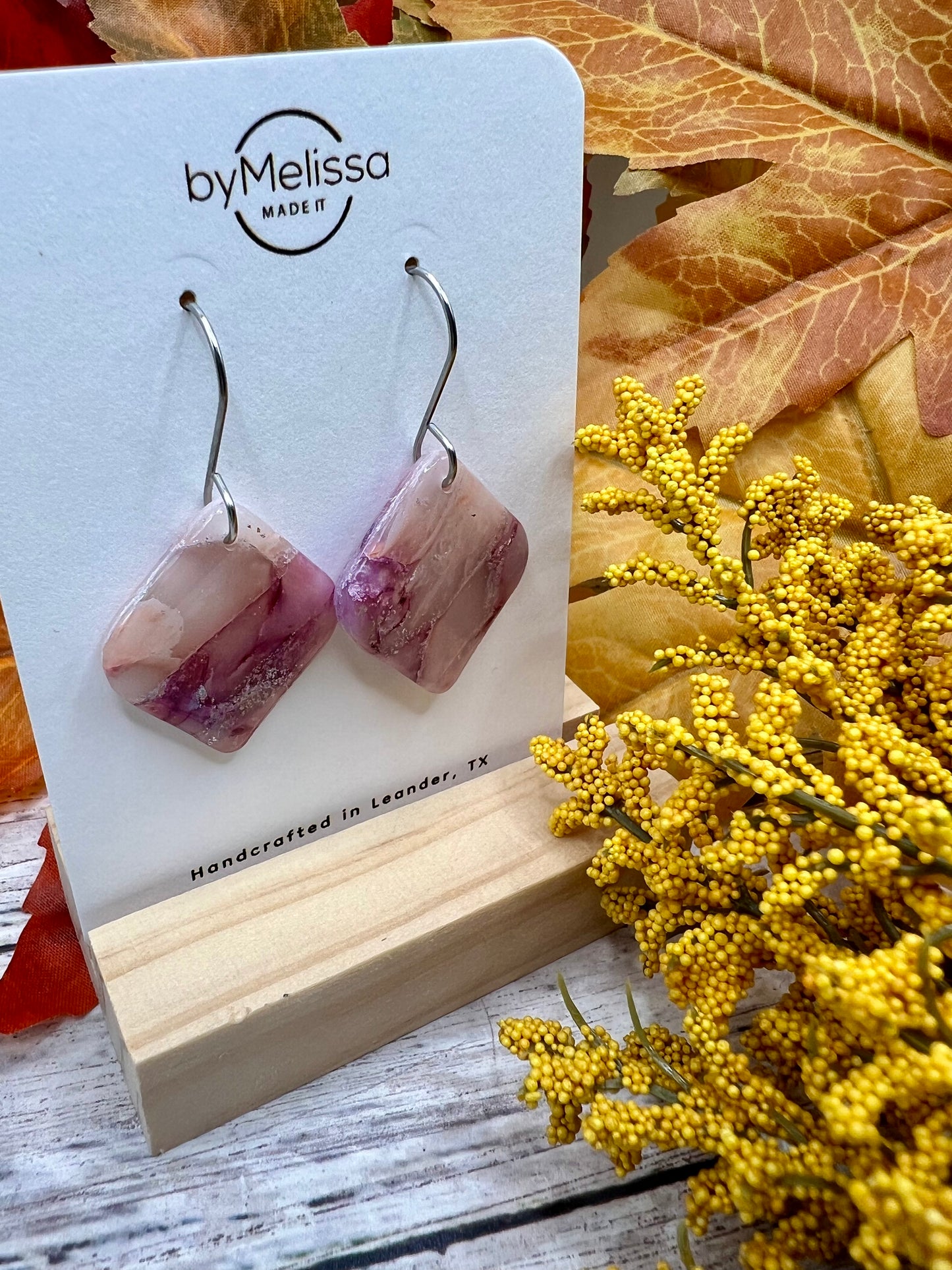 Plum and Pink Small Rounded Square Drop Earrings in Silver