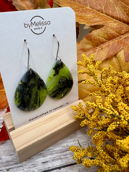 Citrus Green and Black Small Wide Teardrop Drop Earrings in Silver