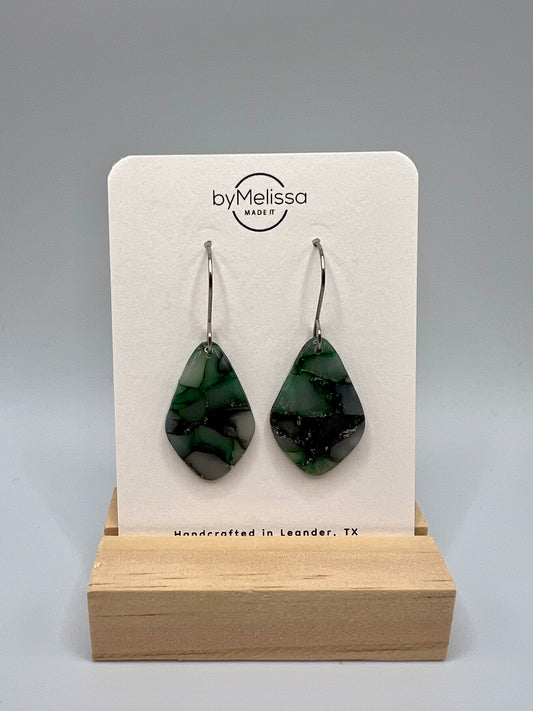 Forest Green and Black Small Kite Drop Earrings in Silver