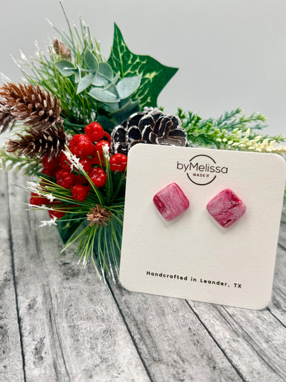 Red and White Rounded Square Stud Earrings