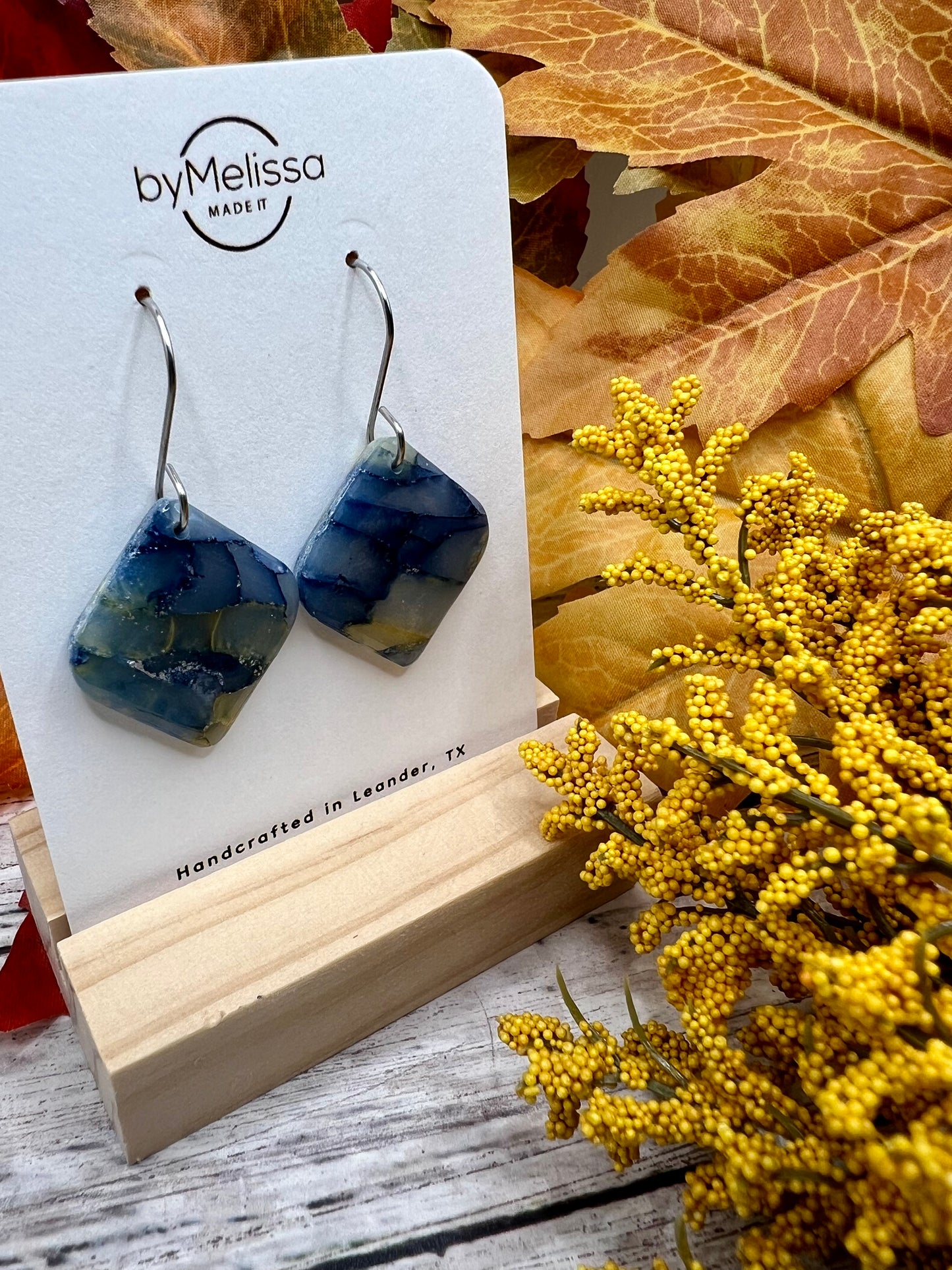 Navy and Mustard Small Rounded Square Drop Earrings in Silver