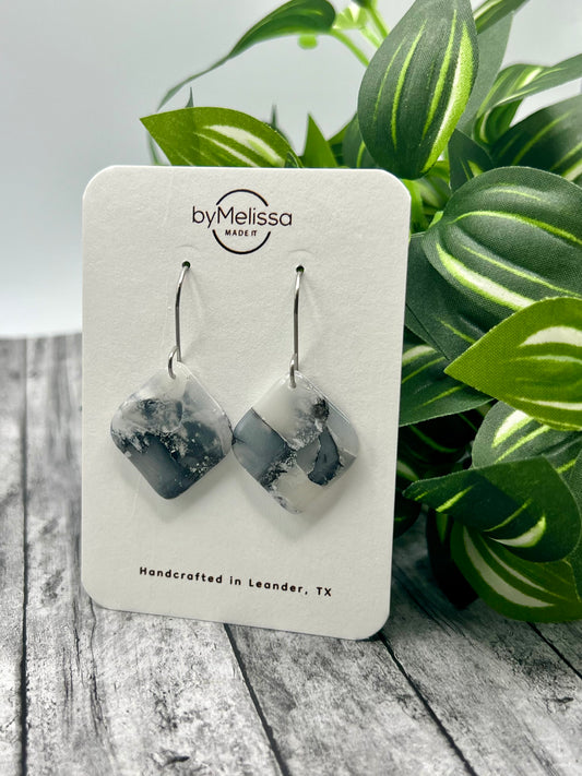 Black and White Rounded Square Drop Earrings in Silver