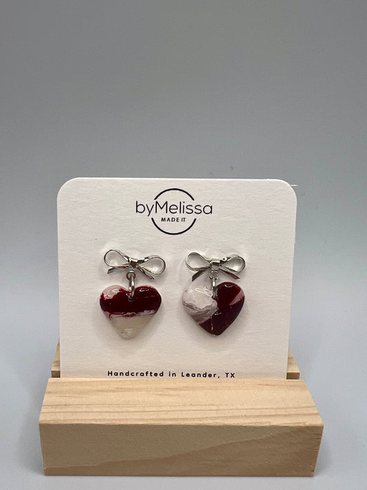 Maroon and White Bowknot Heart Earrings in Silver