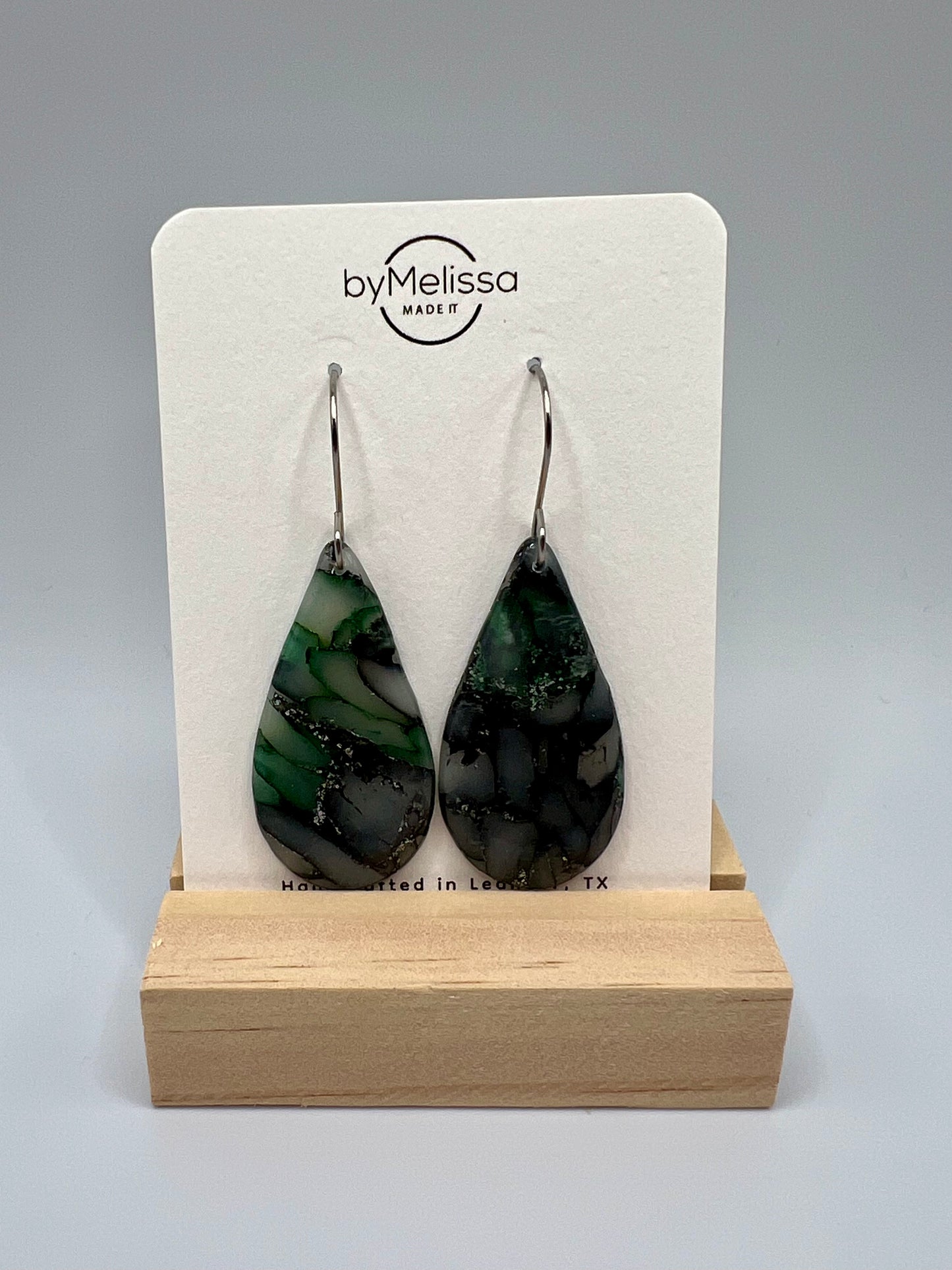 Forest Green and Black Small Teardrop Drop Earrings in Silver