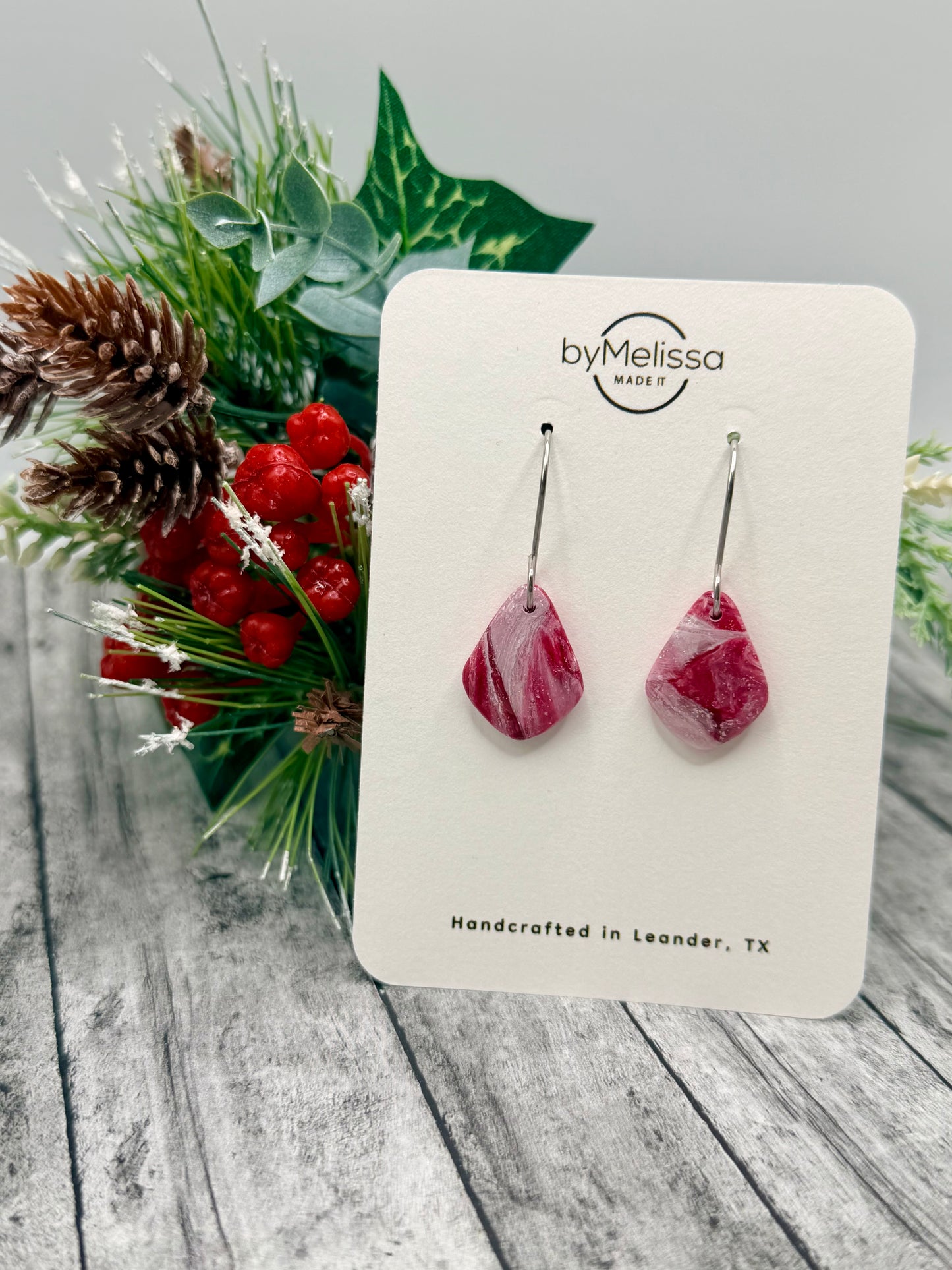 Red and White Petite Kite Drop Earrings in Silver