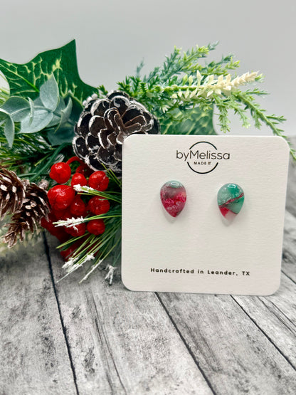 Red and Green Teardrop Stud Earrings