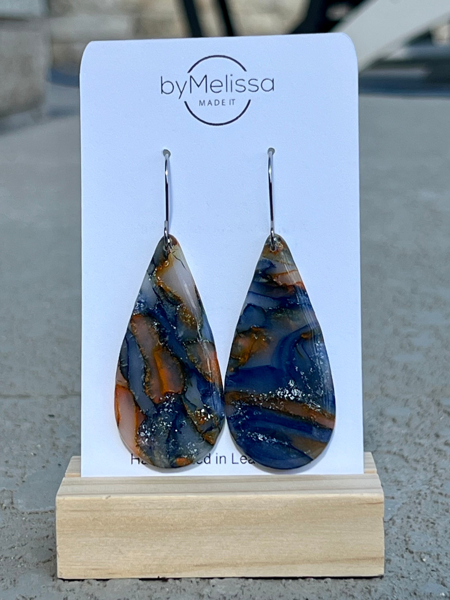 Navy and Orange Large Teardrop Drop Earrings in Silver