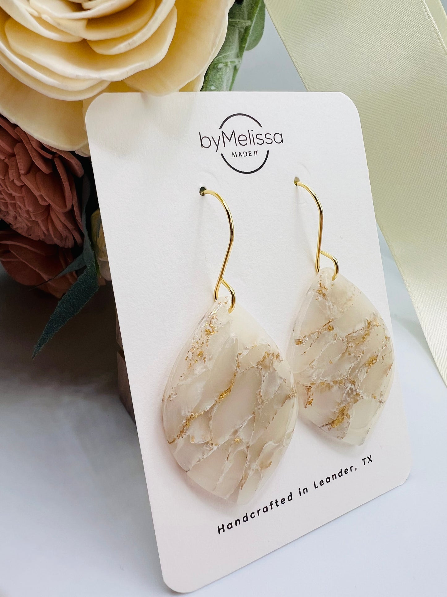 White and Gold Large Wide Leaf Drop Earring