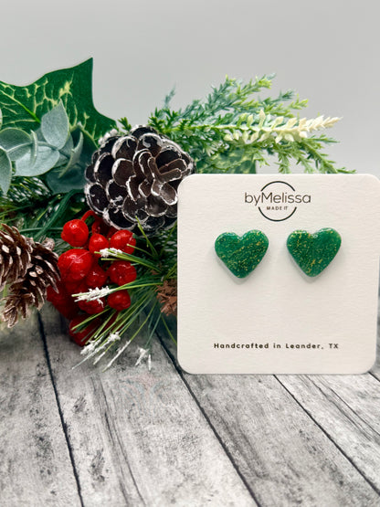 Green and Gold Heart Stud Earrings