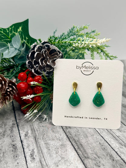 Green and Gold Mini Kite Gold Teardrop Stud Earrings