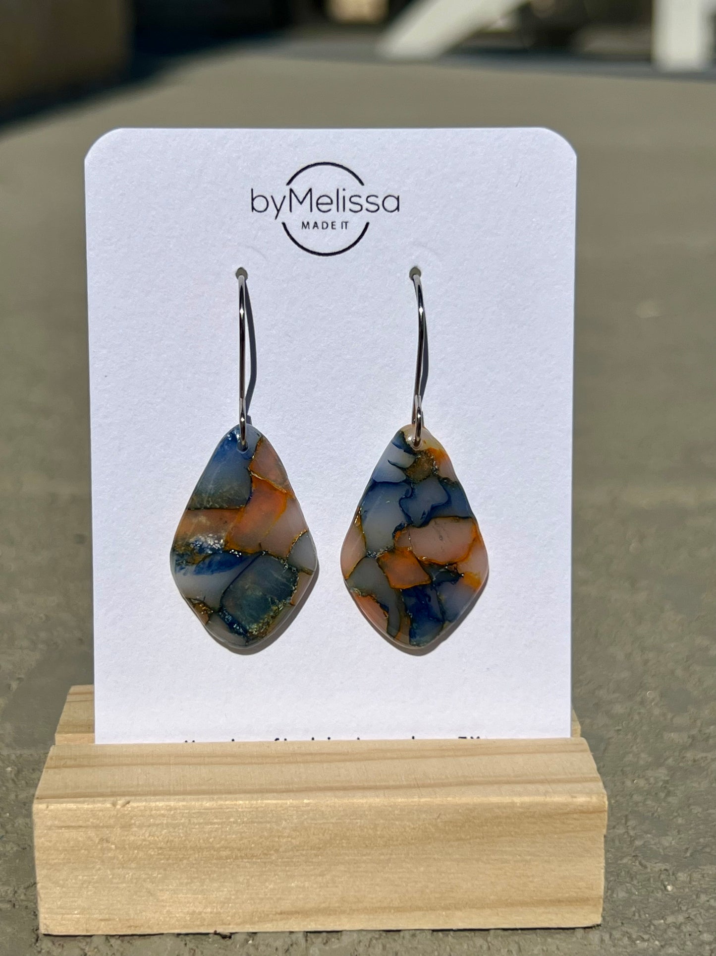 Navy and Orange Small Kite Drop Earrings in Silver