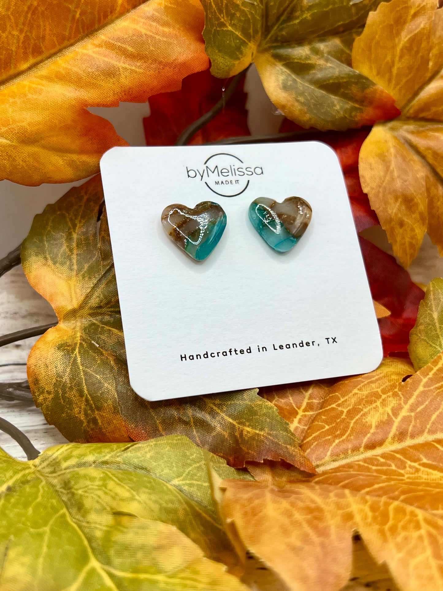 Mocha and Teal Heart Stud Earrings