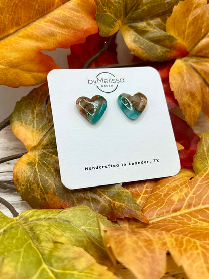 Mocha and Teal Heart Stud Earrings
