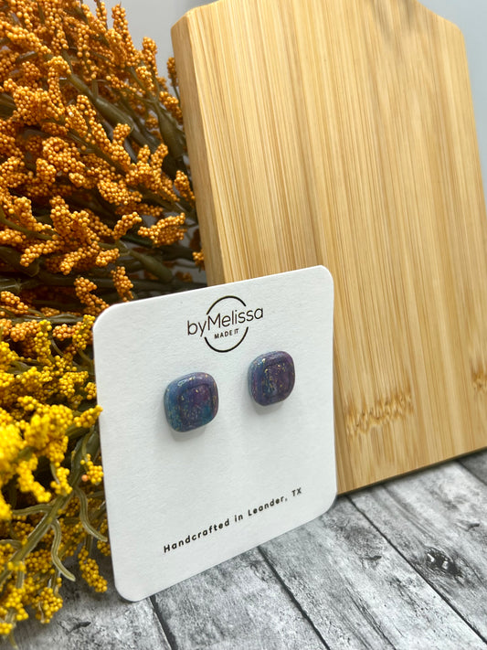 Teal and Plum Small Embedded Square Stud Earrings