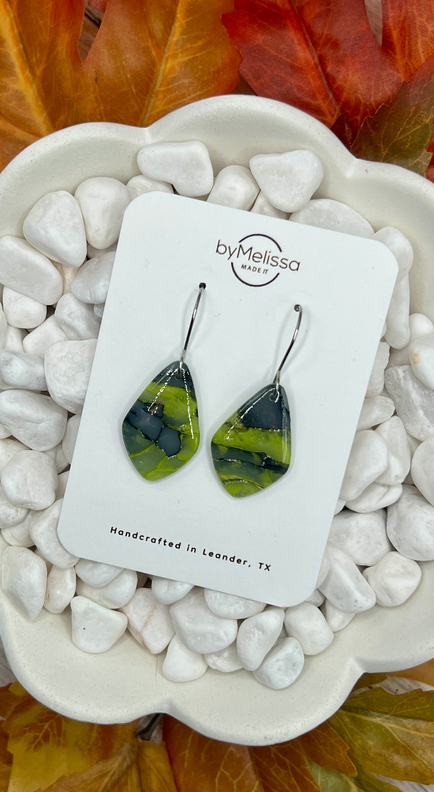 Citrus Green and Black Small Kite Drop Earrings in Silver