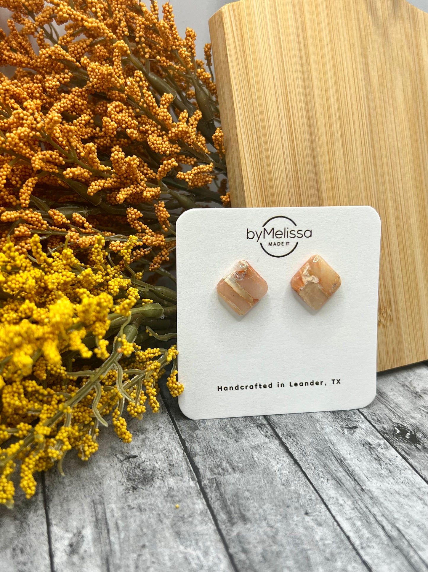 Orange and White Rounded Square Stud Earrings