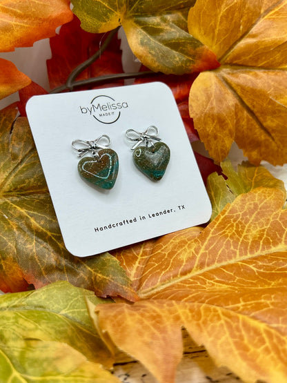 Mocha and Teal Heart Bowknot Earrings in Silver