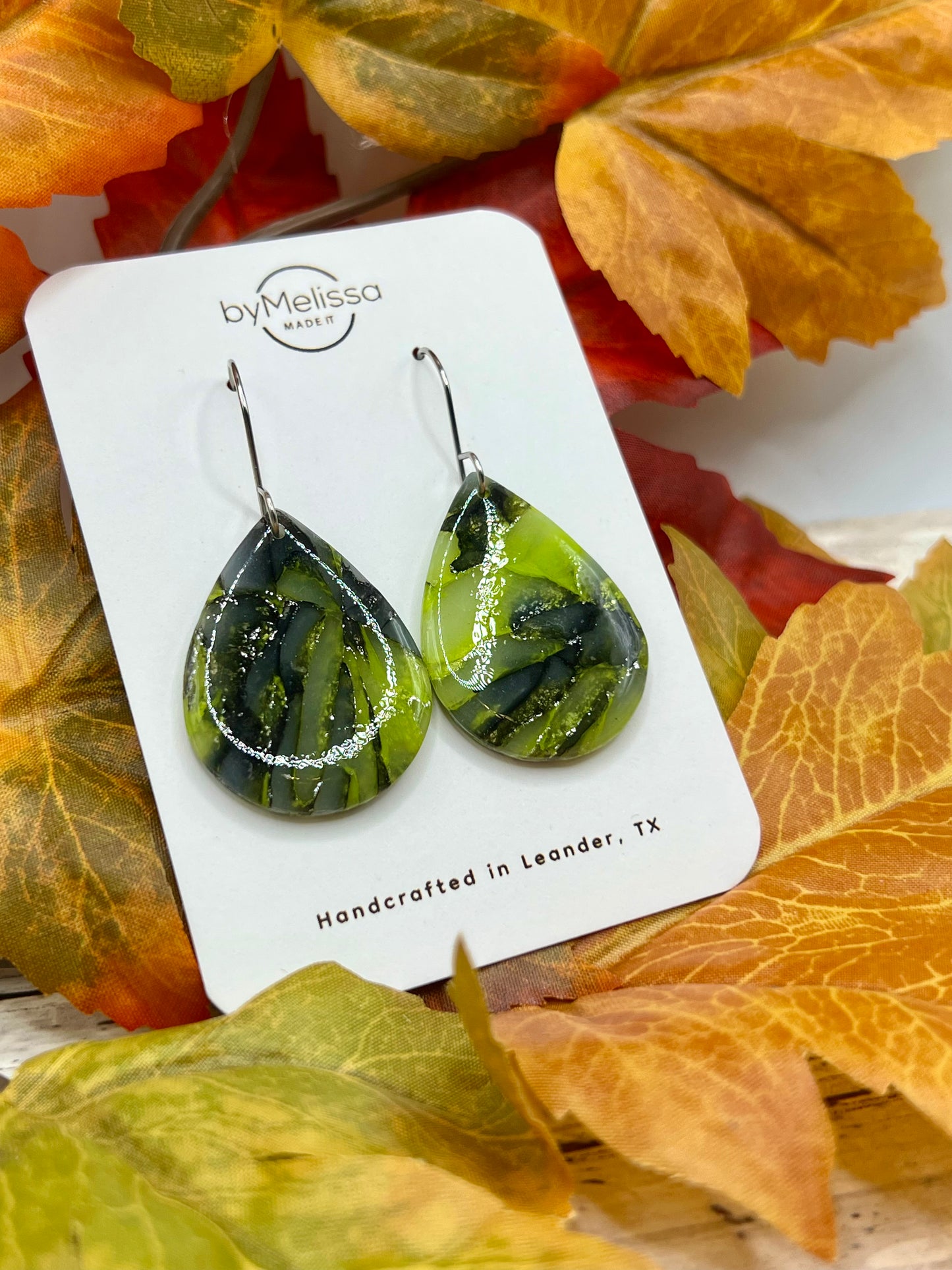 Citrus Green and Black Small Wide Teardrop Drop Earrings in Silver