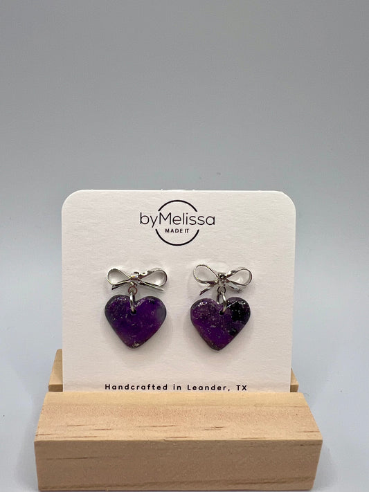 Purple and Black Bowknot Heart Earrings in Silver