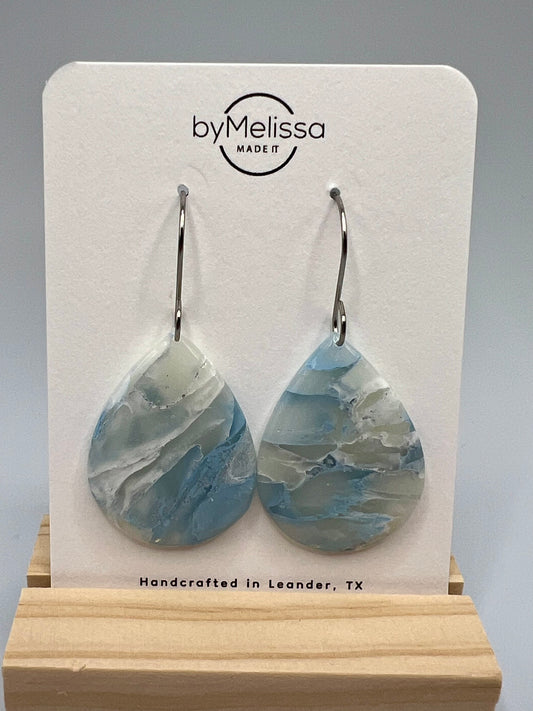 Columbia Blue and White Small Wide Teardrop Drop Earrings in Silver