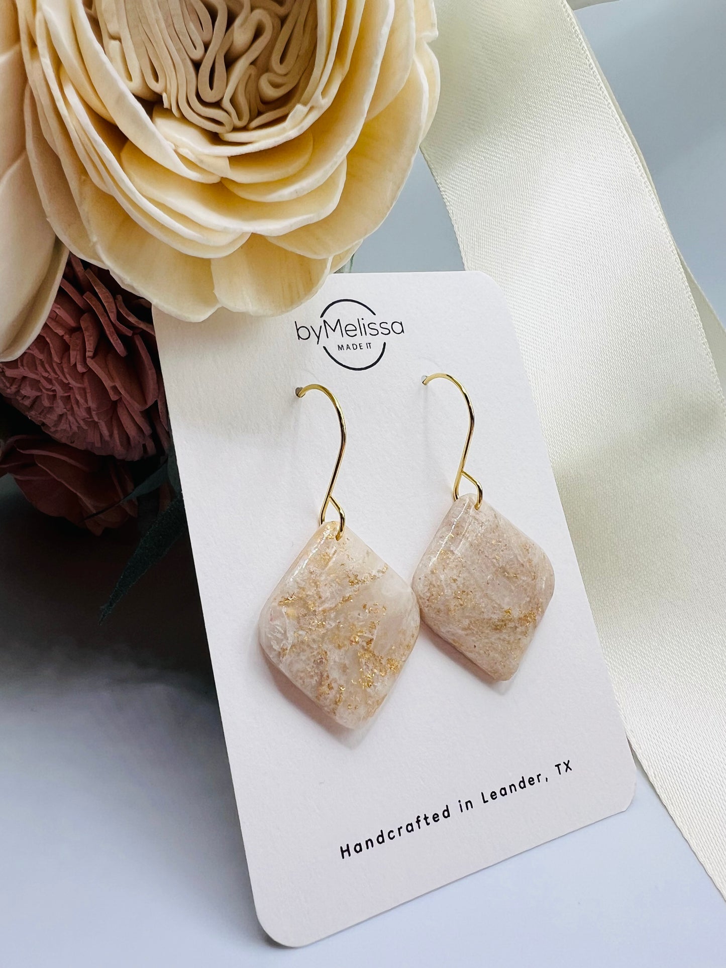 White and Gold Rounded Square Drop Earrings