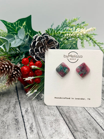 Red and Green Rounded Square Stud Earrings