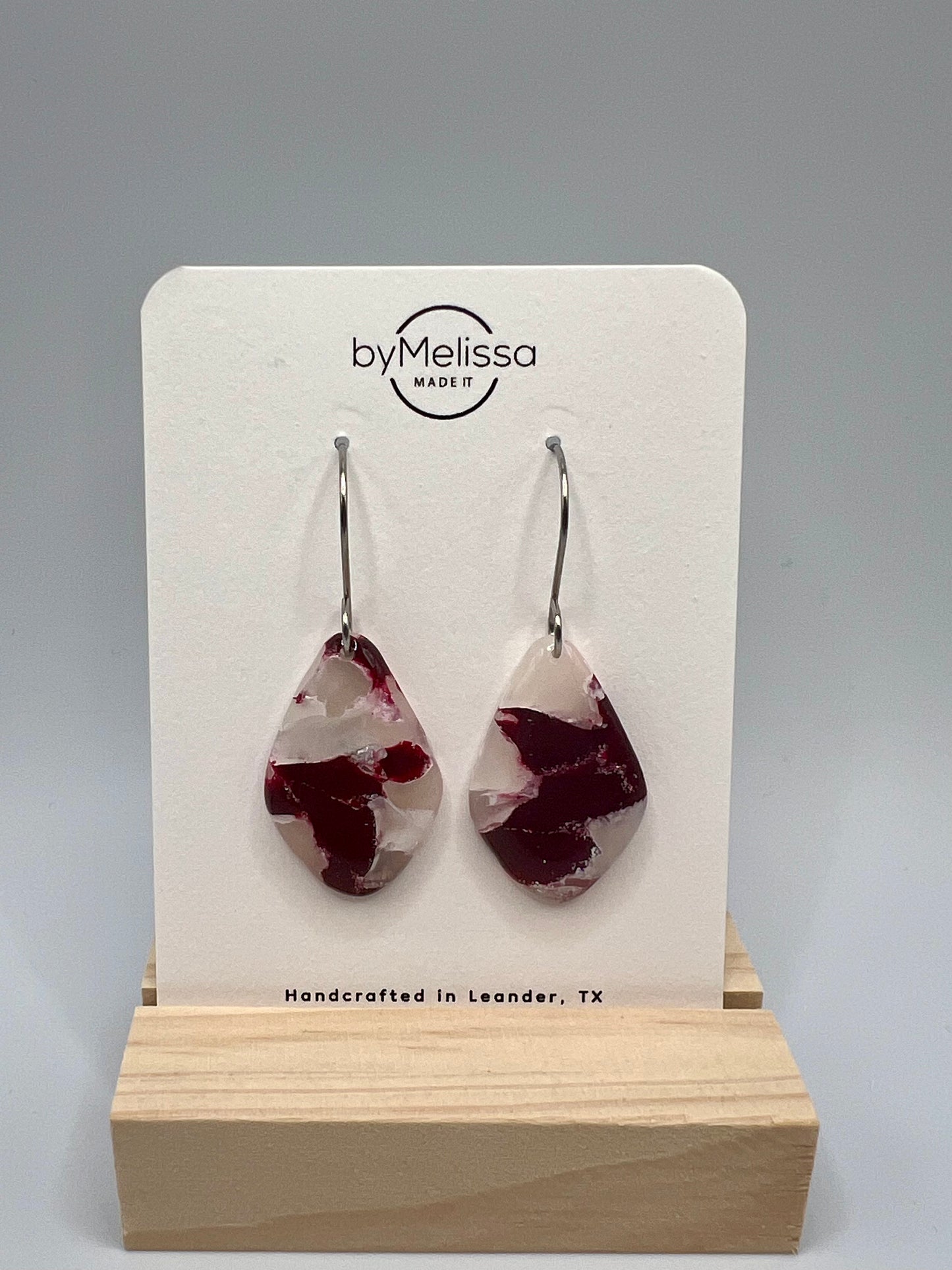 Maroon and White Small Kite Drop Earrings in Silver