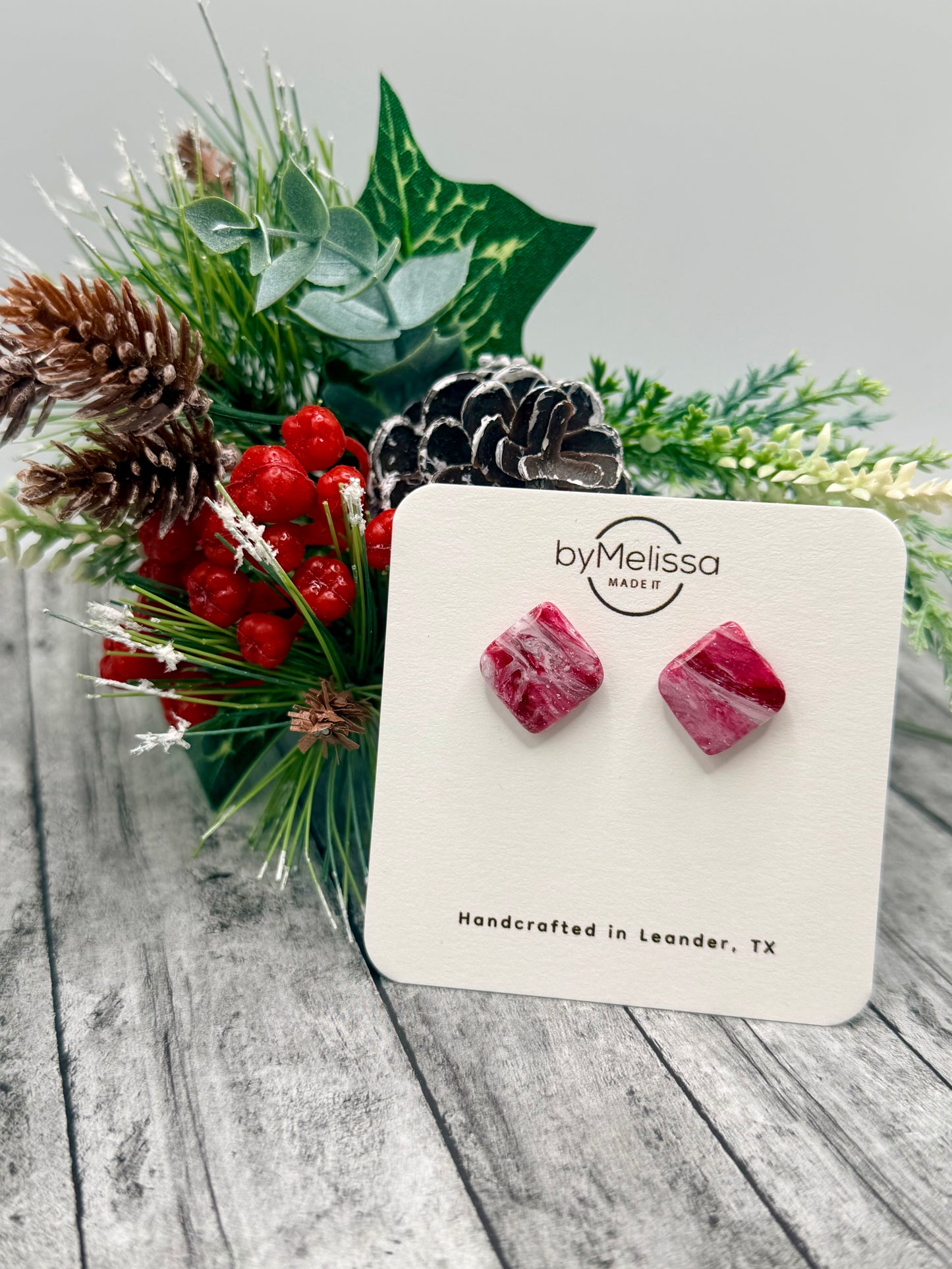 Red and White Rounded Square Stud Earrings