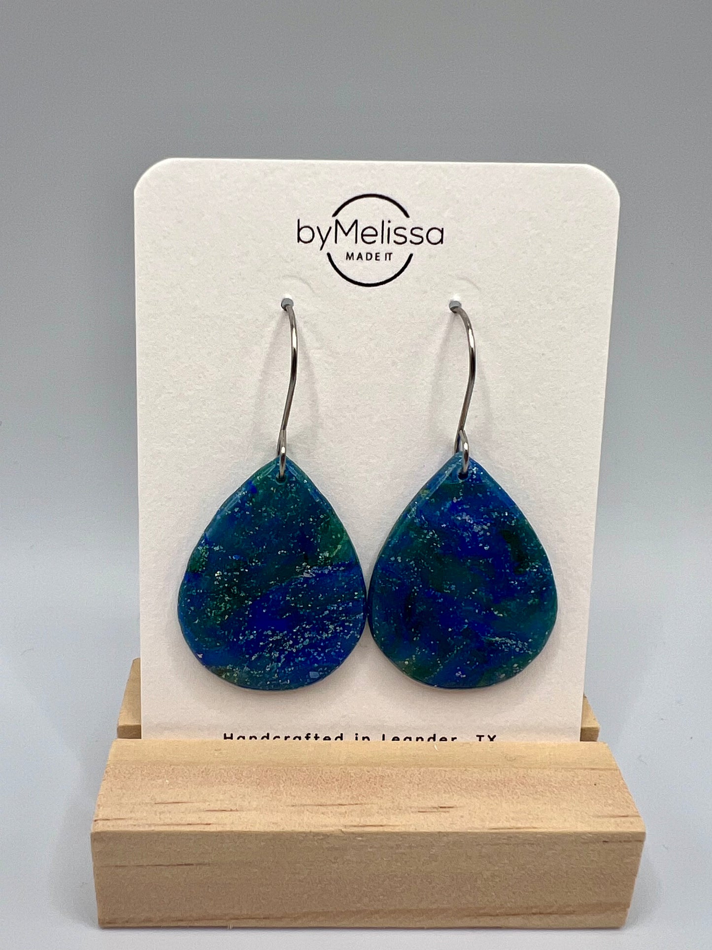 Forest Green and Blue Small Wide Teardrop Drop Earrings in Silver