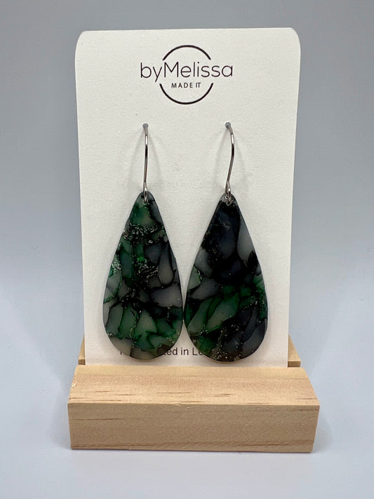 Forest Green and Black Large Teardrop Drop Earrings in Silver