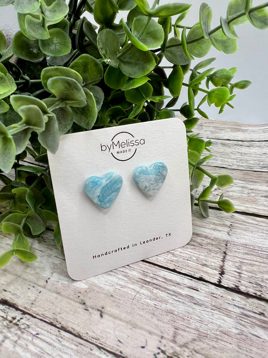 Crystal Blue and White Heart Stud Earrings