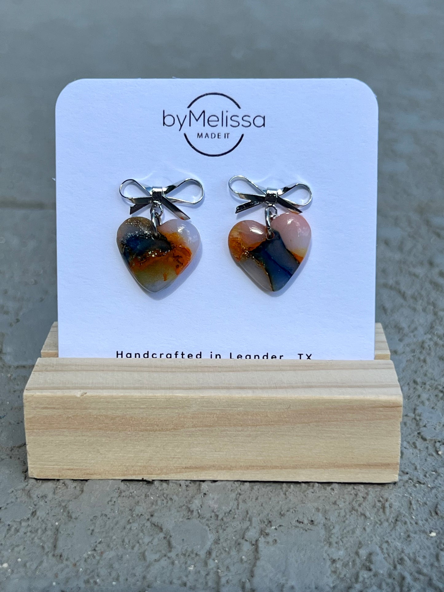 Navy and Orange Bowknot Heart Earrings in Silver