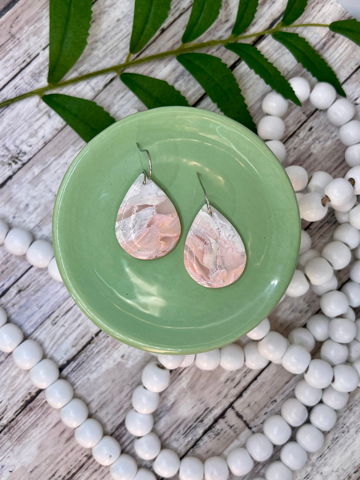 Blush Pink and White Small Wide Teardrop Drop Earrings in Silver